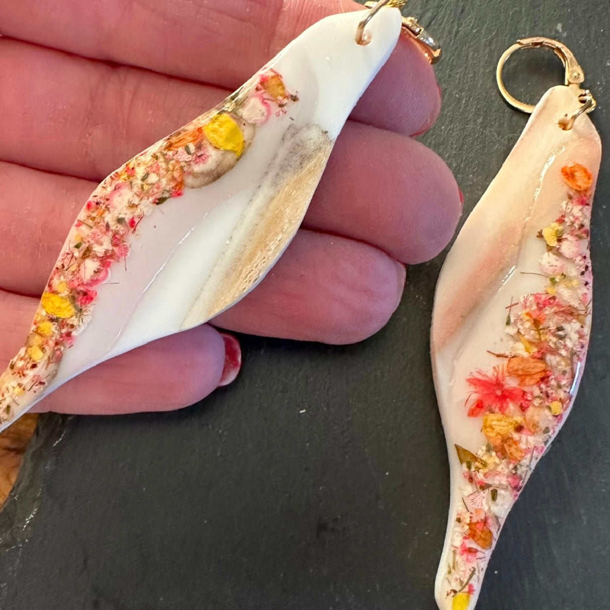 bear/seal/tusk earrings - pink/red/yellow confetti flower