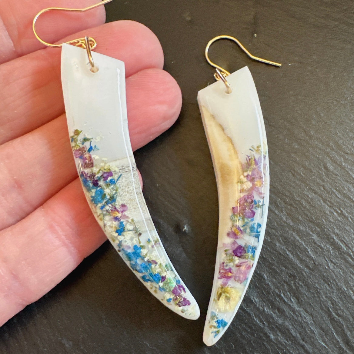 bear/seal/tusk earrings - purple/blue confetti flower earrings