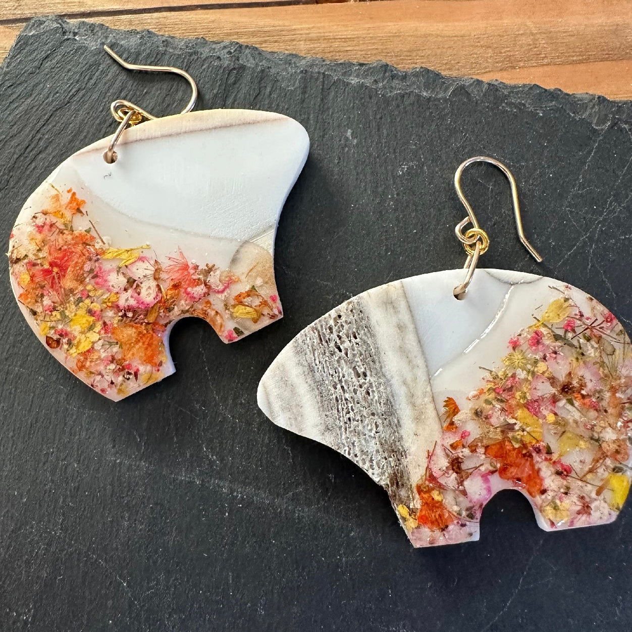 bear/seal/tusk earrings - pink/red/yellow confetti flower