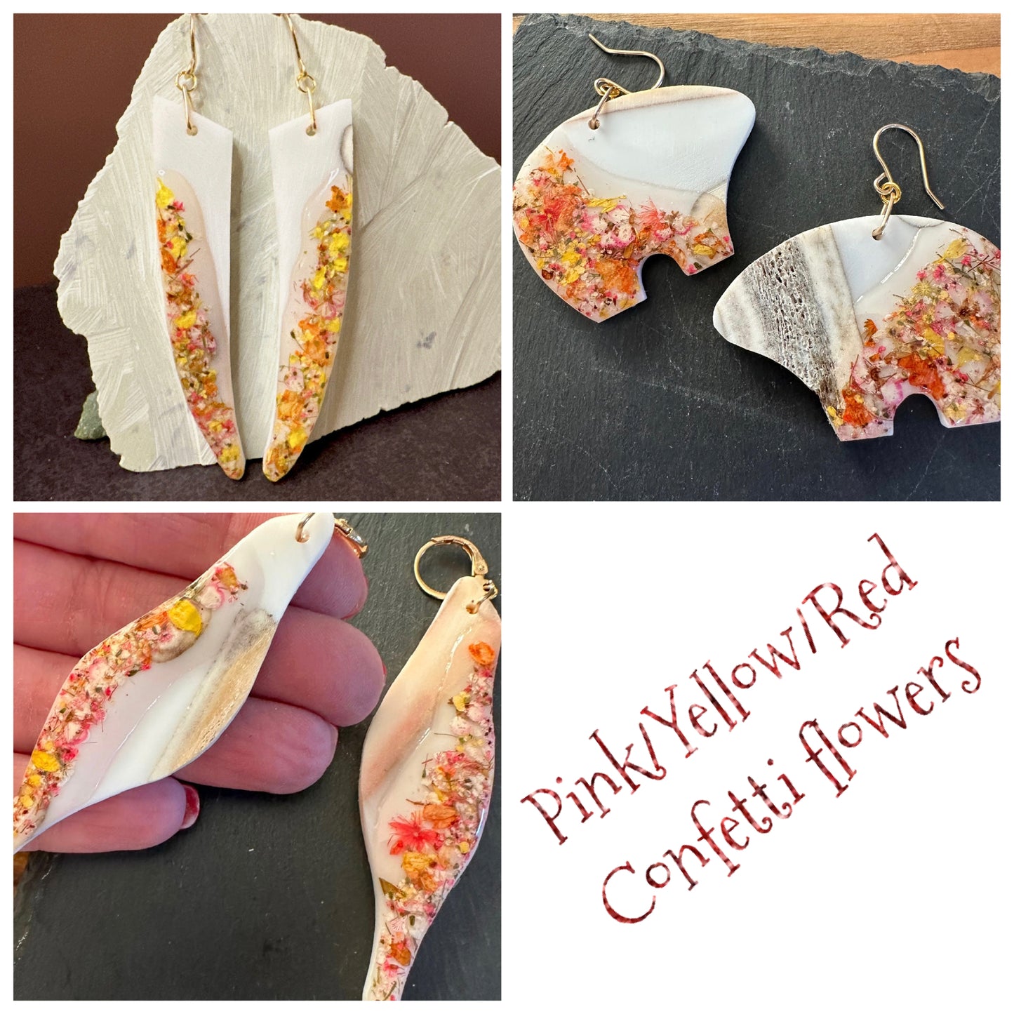 bear/seal/tusk earrings - pink/red/yellow confetti flower