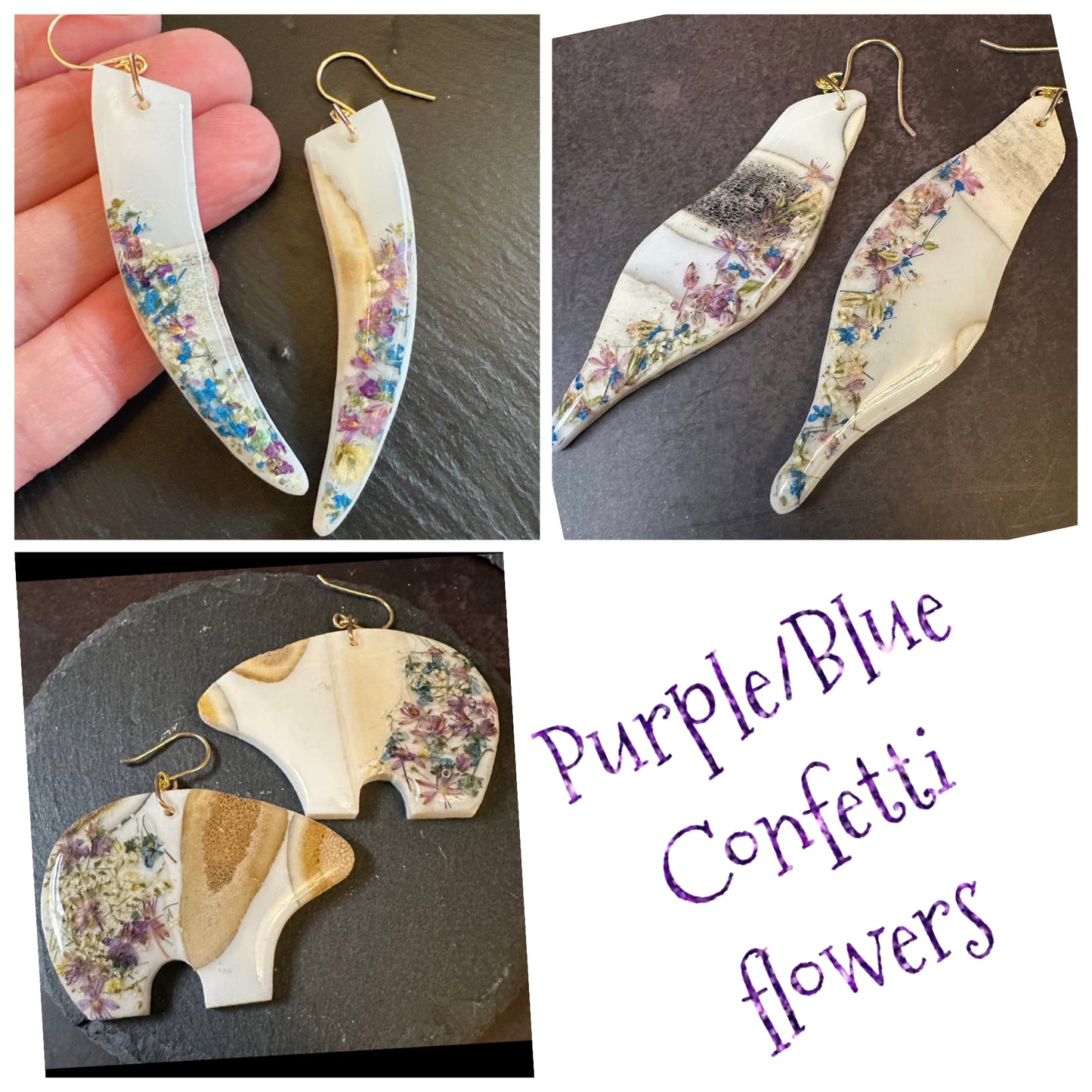 bear/seal/tusk earrings - purple/blue confetti flower earrings