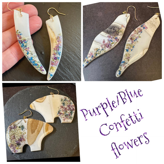 bear/seal/tusk earrings - purple/blue confetti flower earrings