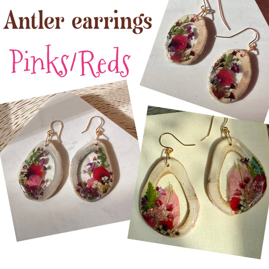 antler earrings - pink/red
