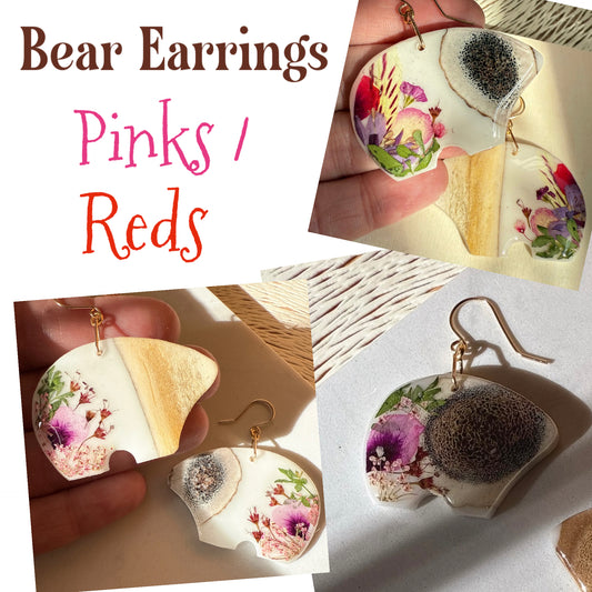 bear earrings - pink/red - small or regular size